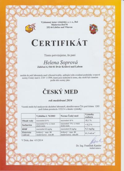 Certifikát Český med 2014