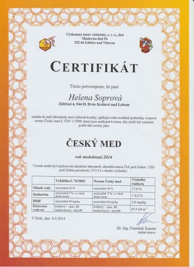 Certifikát Český med 2014
