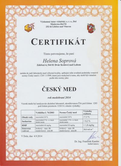 Certifikát Český med 2014