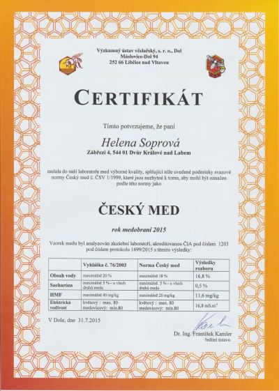 Certifikát Český med 2015