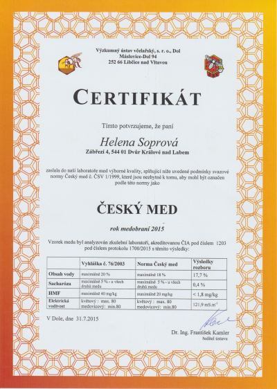 Certifikát Český med 2015