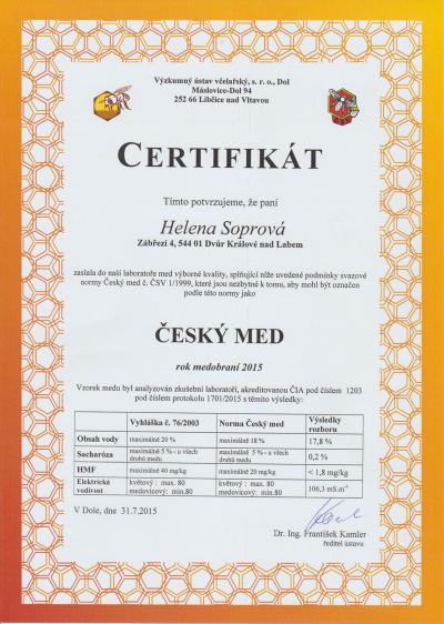 Certifikát Český med 2015