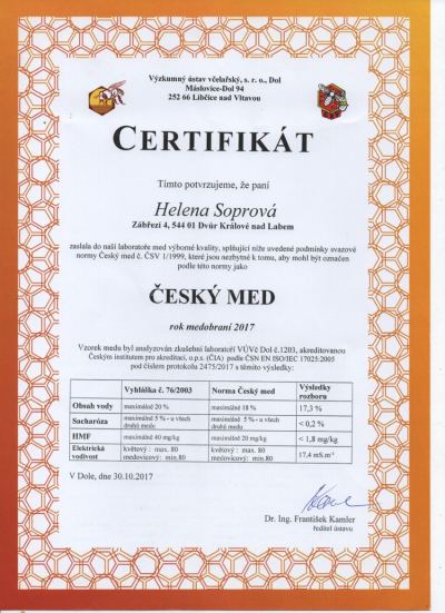 Certifikát Český med 2017