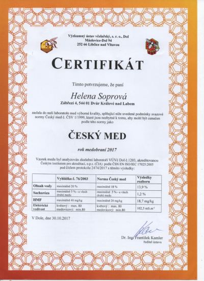 Certifikát Český med 2017