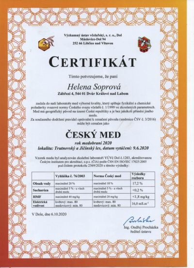Certifikát Český med 2020