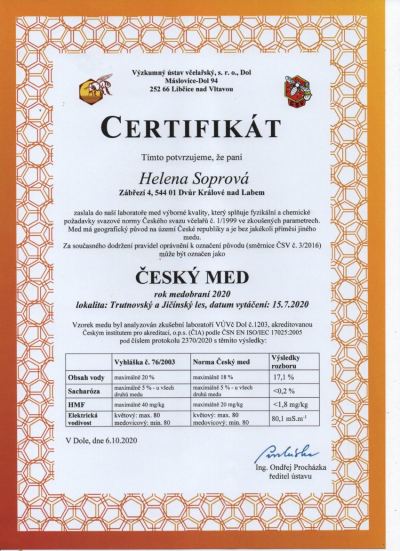 Certifikát Český med 2020